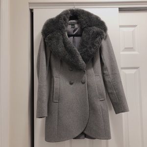 French Connection Grey Wool Coat with Fur Collar